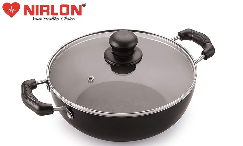 Nirlon Nirlon Non-Stick Aluminium Induction Base Cookware Deep Kadhai with Glass Lid, Black (Compatible with All Induction, Gas & stovetops) - Image 2