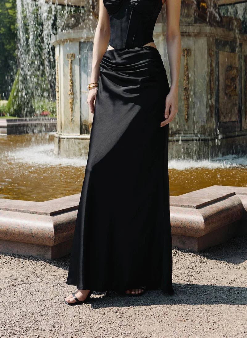 Lichi Satin maxi skirt with draping on the hips