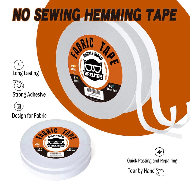 Breliter Double-Sided Fabric Tape (2 Rolls) - 65FT Length, No Sewing or Ironing Required, Perfect for Quick Clothing Repairs, Fabric Bonding, and DIY Crafts (1/4inch+1/2inch) - Image 2