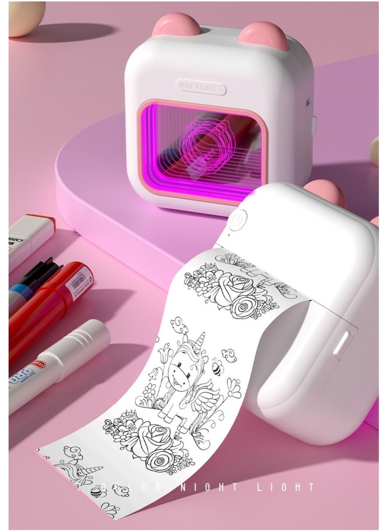 Generic - 3 in 1 Portable Printer + Night Light + Mirror, Wireless Bluetooth Photo Printer Portable Thermal Label Printer - Mini Printer, Mini Receipt Printer Compatible with IOS and Android, Pink - Image 1