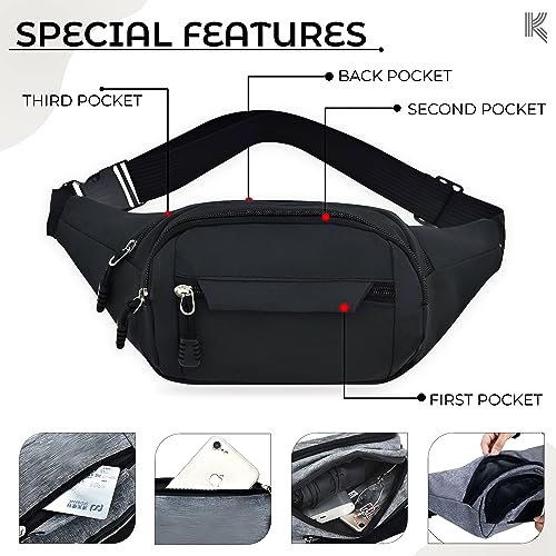 Kraptick Premium Unisex Waist Bag for Men and Women - Stylish Fanny Pack, Hip Bag, Travel Money Belt -DMFP138- (Black) - Image 5