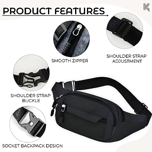 Kraptick Premium Unisex Waist Bag for Men and Women - Stylish Fanny Pack, Hip Bag, Travel Money Belt -DMFP138- (Black) - Image 3