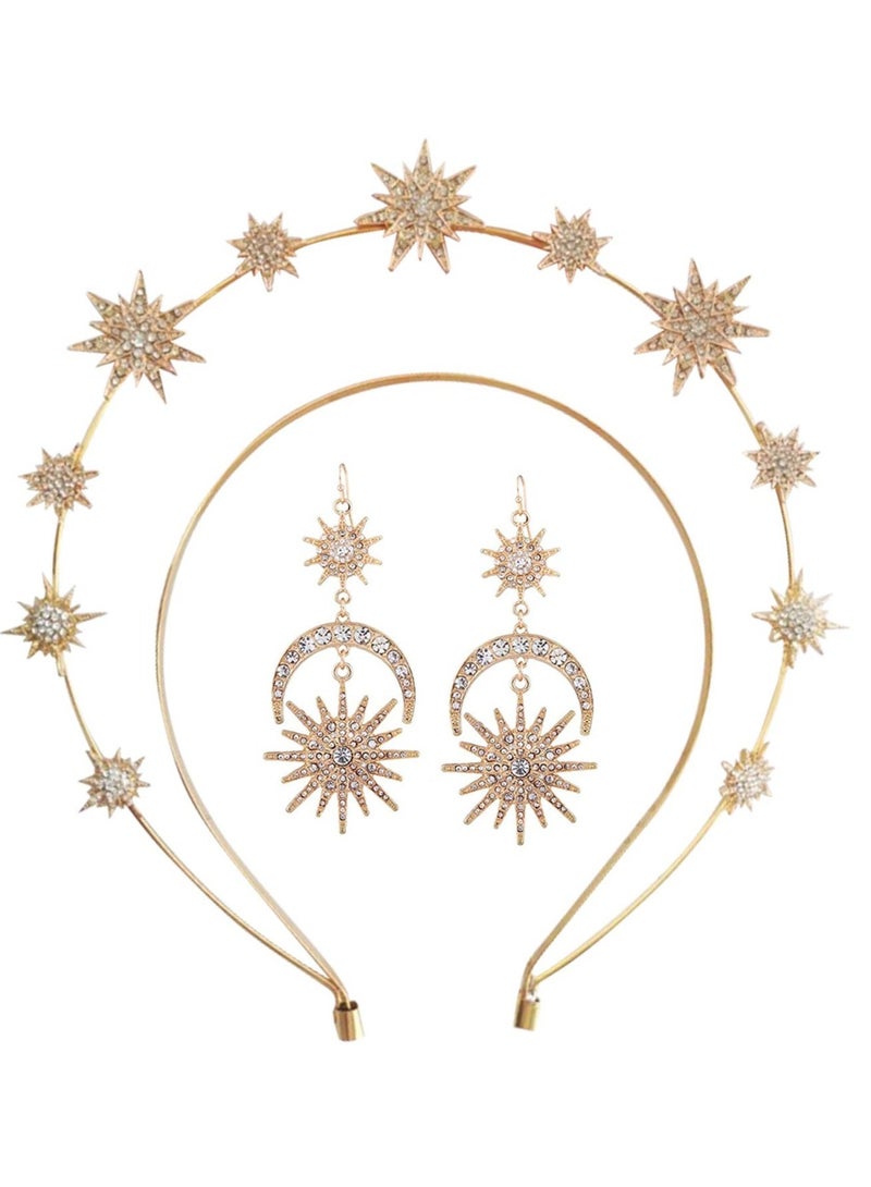 Loquat Moon Stars Crown Halo Headband Crystal Tiaras and Crowns With Earrings for Women Bridal Wedding Prom Birthday Cosplay Hair Accessories for Women Girls - Image 1