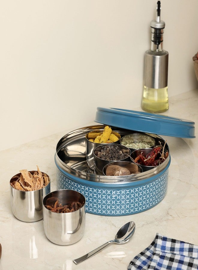 dudki 7 in 1 Stainless Steel Spice box for kitchen sturdy Masala dabba jar for Spices Seamless Design (Dusky Blue) - Image 2