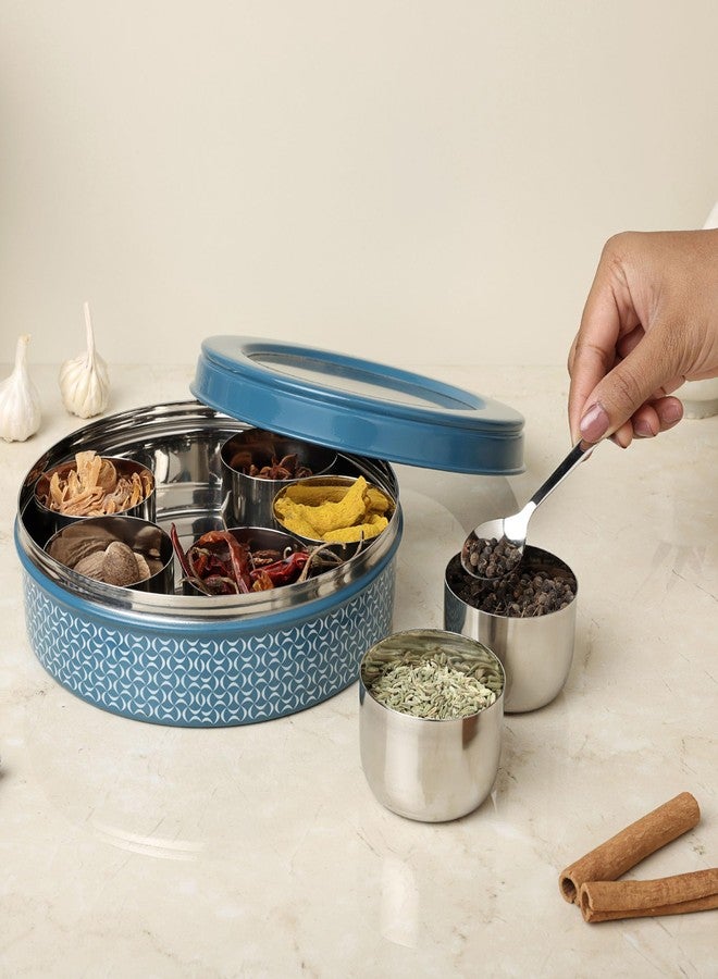 dudki 7 in 1 Stainless Steel Spice box for kitchen sturdy Masala dabba jar for Spices Seamless Design (Dusky Blue) - Image 4
