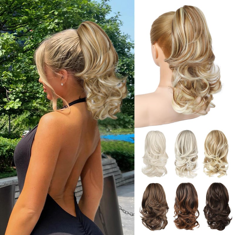 NTYNTY Ponytail Extension 14 Claw Clip in Ponytail Hair Extensions Natural Soft Synthetic Layered Wavy Pony Tail Hair Pieces for Women Copper with Highlights