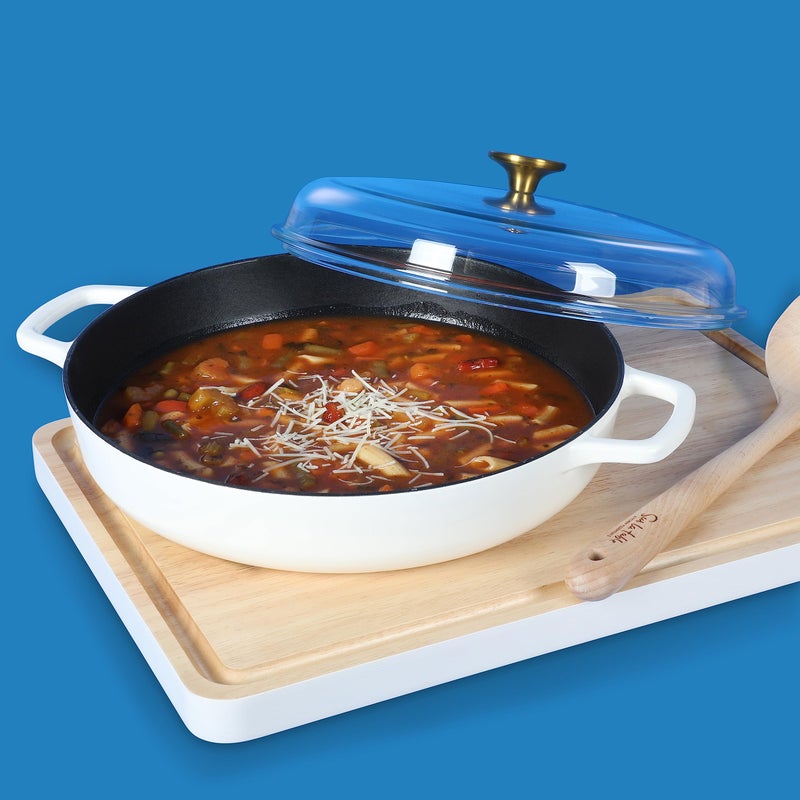 Sur La Table Kitchen Essentials Supper Club 3.75 Quart Enamel Cast Iron All In One Multi-Purpose Non-Toxic Nonstick Braiser Pan W/Borosilicate Glass Lid - Eggshell White - Image 4