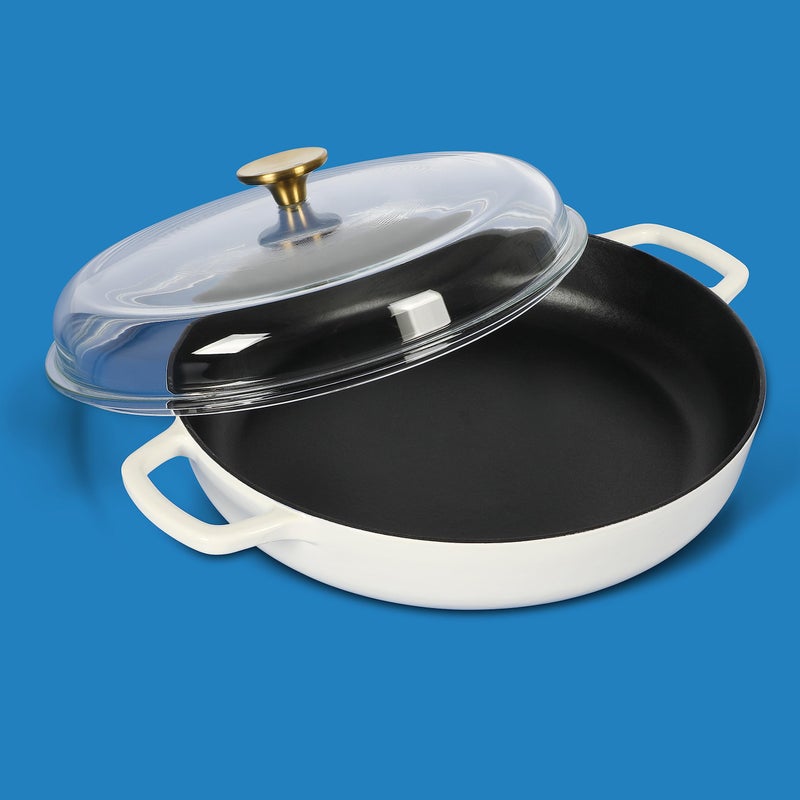 Sur La Table Kitchen Essentials Supper Club 3.75 Quart Enamel Cast Iron All In One Multi-Purpose Non-Toxic Nonstick Braiser Pan W/Borosilicate Glass Lid - Eggshell White - Image 2