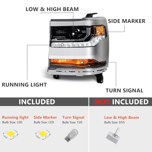 VLINCAR Headlight Assembly Compatible with Chevy Silverado 1500 2016 2017 2018 (Only for Hid/Xenon Model) Factory Replacement Head Light Lamp Chrome Housing Right Passenger Side - Image 3