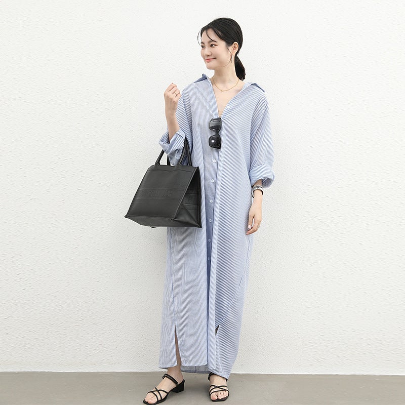 Early spring Japanese style loose long-sleeved striped cotton and linen lapel shirt dress spring and autumn Korean style over-the-knee ultra-long dress Blue and white stripes