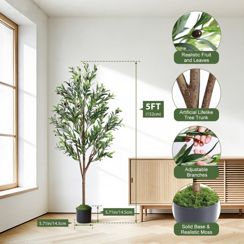 Alupssuc 5ft Olive Tree Artificial Indoor, Fake Tree Potted Faux Olive Trees with Lifelike Fruits and Realistic Leaves, Artificial Plants Indoor Fake Plants for Modern Home Office Living Room Decor - Image 3