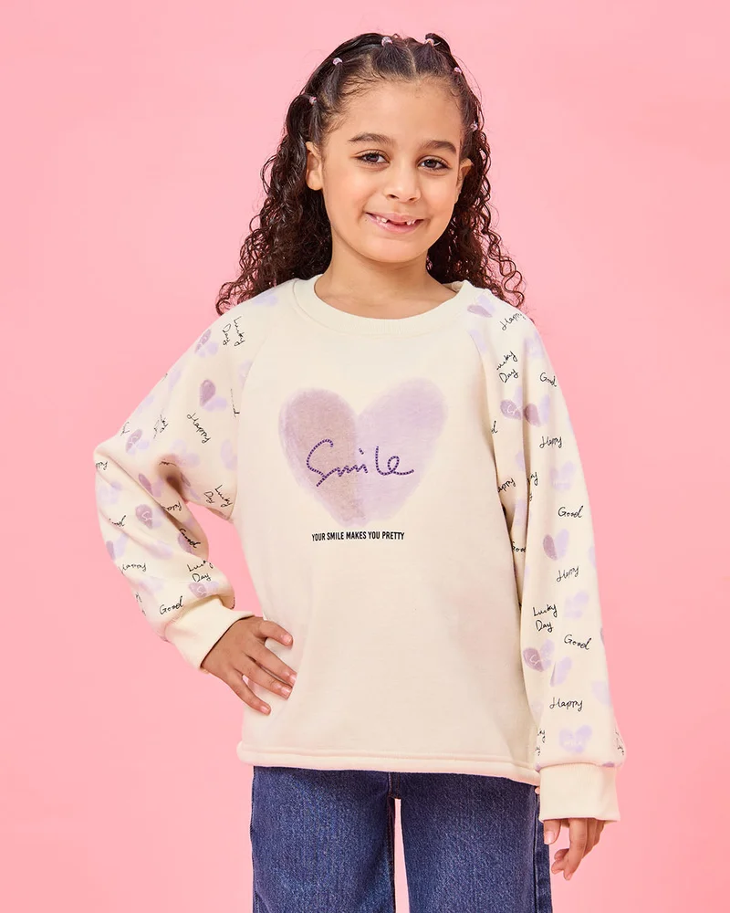 REDTAG Girls White Placement Print Sweatshirt