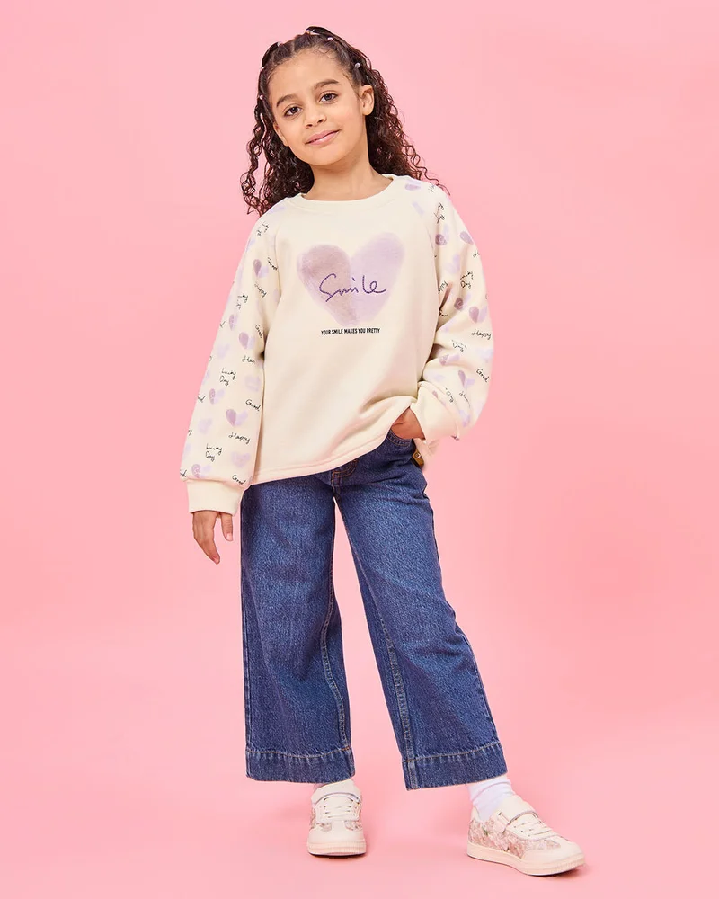 REDTAG Girls White Placement Print Sweatshirt