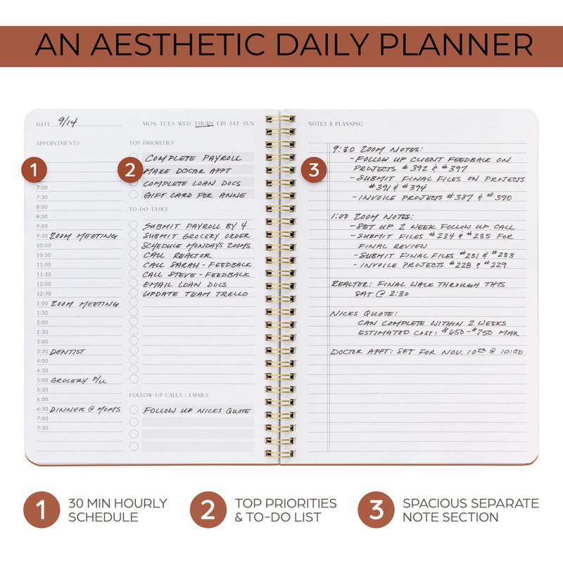 ZICOTO Beautiful Daily Planner And Notebook With Hourly Schedule - Aesthetic Spiral To do List Notepad to Easily Organize Your Tasks And Appointments - Stylish Book And School Or Office Supplies For Women - Image 2