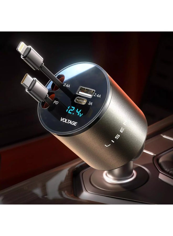 Lisen Retractable Car Charger [69W USB C Car Adapter] Fast Charging, for iPhone 16 15 14 13 12 Pro Max Plus iPad Samsung S25 24 - Image 1