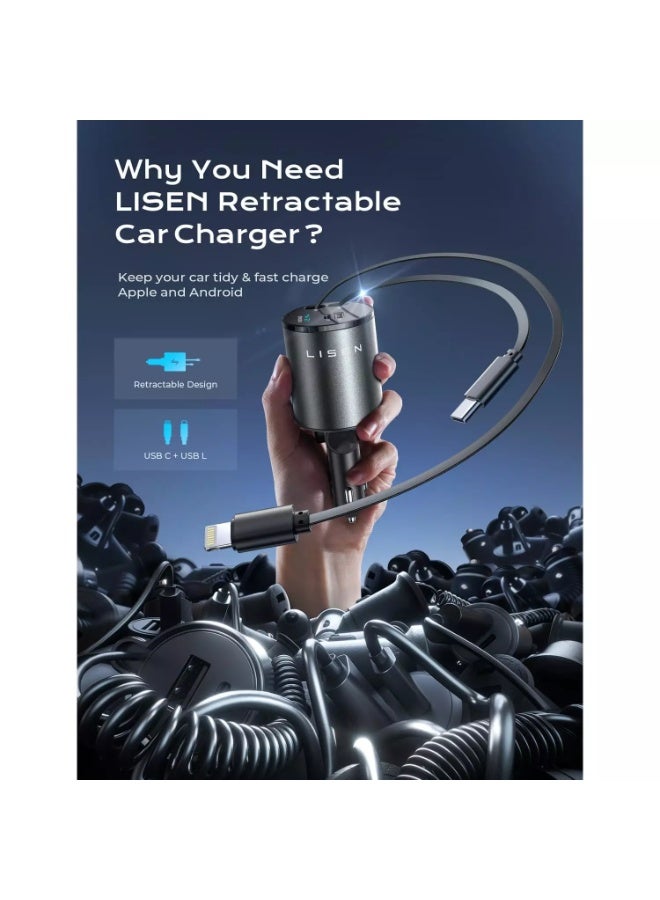 Lisen Retractable Car Charger [69W USB C Car Adapter] Fast Charging, for iPhone 16 15 14 13 12 Pro Max Plus iPad Samsung S25 24 - Image 3