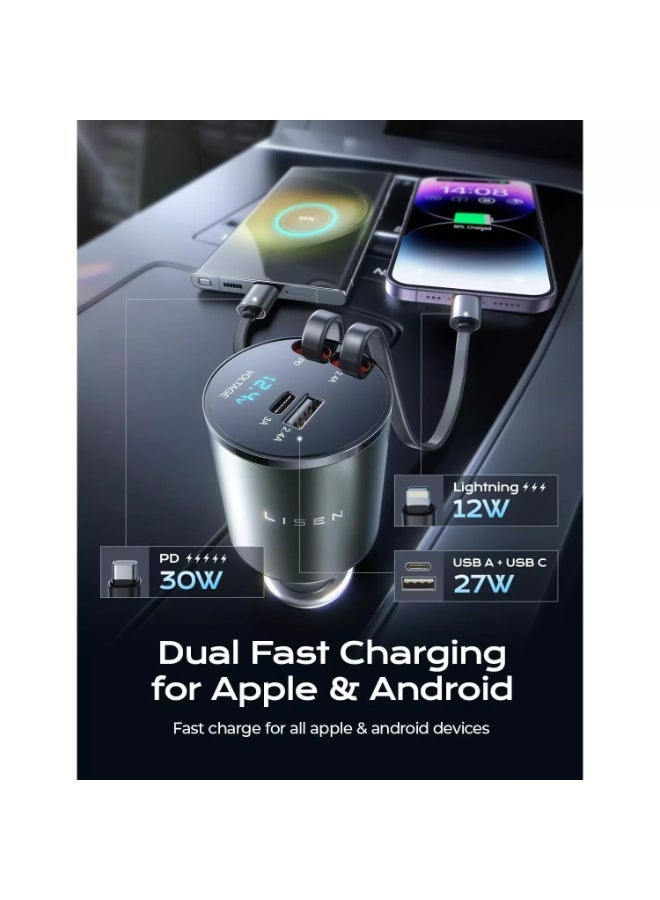 Lisen Retractable Car Charger [69W USB C Car Adapter] Fast Charging, for iPhone 16 15 14 13 12 Pro Max Plus iPad Samsung S25 24 - Image 2