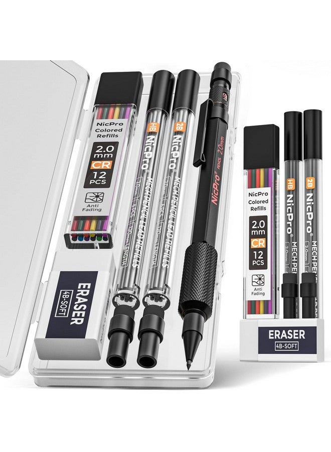 نيكبرو مجموعة أقلام رصاص ميكانيكية 2 مم مع حافظة، 12 عبوة رصاص سوداء، 12 عبوة رصاص ملونة، ممحاة - حامل رصاص معدني مقاوم للعوامل الجوية Mp2000، قلم رصاص نجار شديد التحمل للكتابة والرسم والنجارة - Image 1