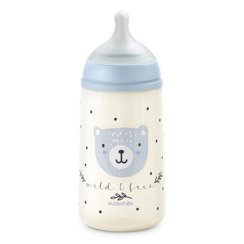 Suavinex, 270 ml Bottle with Physiological SX Pro Silicone Teat with Anti-colic Valve, Medium Flow (M), for Liquids, Medium Density, Milk, Juice or Water, Babies +3 Months. Wild&Free Blue - Image 1