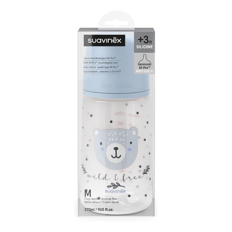 Suavinex, 270 ml Bottle with Physiological SX Pro Silicone Teat with Anti-colic Valve, Medium Flow (M), for Liquids, Medium Density, Milk, Juice or Water, Babies +3 Months. Wild&Free Blue - Image 3