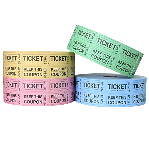 ESSENTIAL 8000 Assorted Double Raffle Tickets Rolls Set of 4 Assorted Colors Raffle Tickets Printable for Leisure, Movie Watching, Entertainment - Image 1
