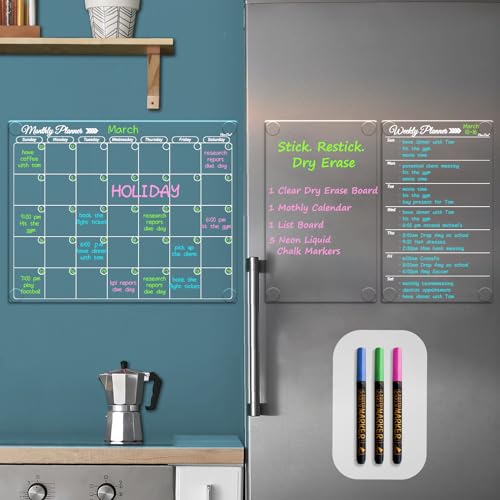 Clever Clean Clear Non-Magnetic Calendar Set for Fridge - Dry Erase Transparent Monthly, Weekly Calendar and Blank Board - Sticks to Wall, Glass, Door, Any Smooth Surfaces - Image 1