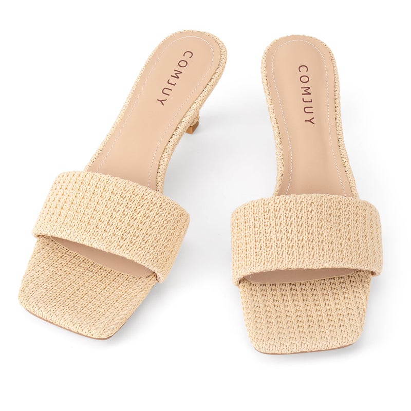 COMJUY Nude Kitten Heels for Women 2 Inch Heel Sandals Breathable Raffia Sandals Square Toe Cute Beach Summer Sandals 8 - Image 5