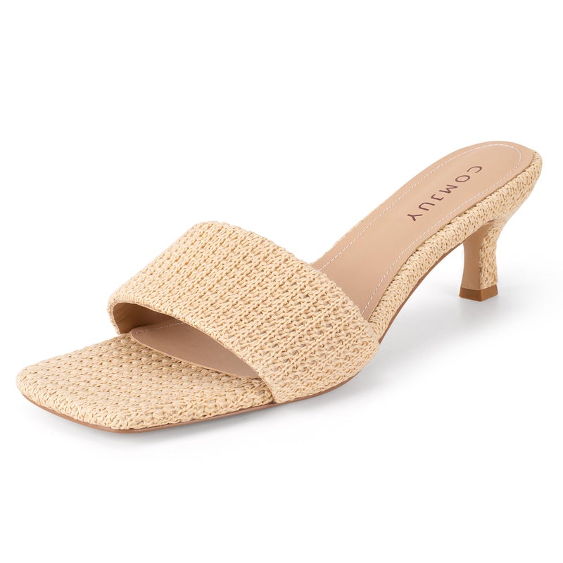 COMJUY Nude Kitten Heels for Women 2 Inch Heel Sandals Breathable Raffia Sandals Square Toe Cute Beach Summer Sandals 8 - Image 1