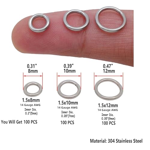 THREENEST 300PCS 8mm 10mm 12mm, 14 Gauge 1.5mm Thick Stainless Steel Jump Rings, Closed Unsoldered Split Round Metal Rings for Necklace Bracelet Earring Keychains Jewelry Making - Image 2