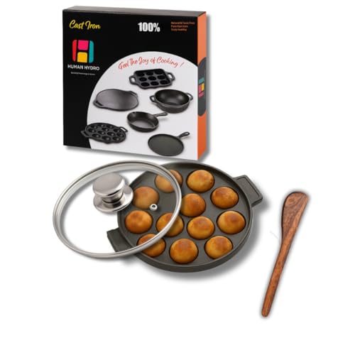 Human Hydro Pre-Seasoned Cast Iron Paniyaram Pan (12-Pit) with Lid & Wooden Spatula | Naturally Nonstick, Induction & Gas Compatible | Cookware for Paddu, Appam, Kuzhi Paniyaram & More - Image 1