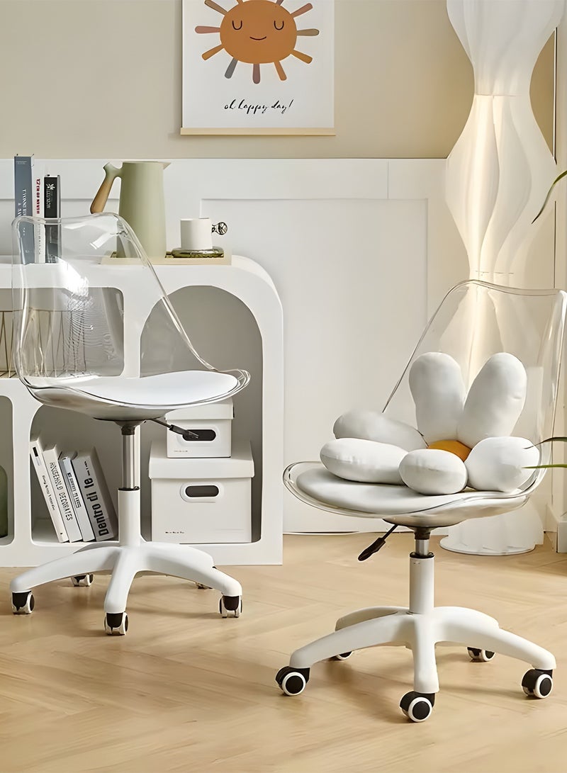 تايمي مجموعة من 2 كرسي مكتب منزلي حديث من الأكريليك، كرسي كمبيوتر دوار 360 درجة بدون أذرع من البلاستيك مع عجلات ومقعد مبطن لغرفة المعيشة وغرفة النوم والمكتب والفندق وغرفة الطعام، ابيض/شفاف - Image 1