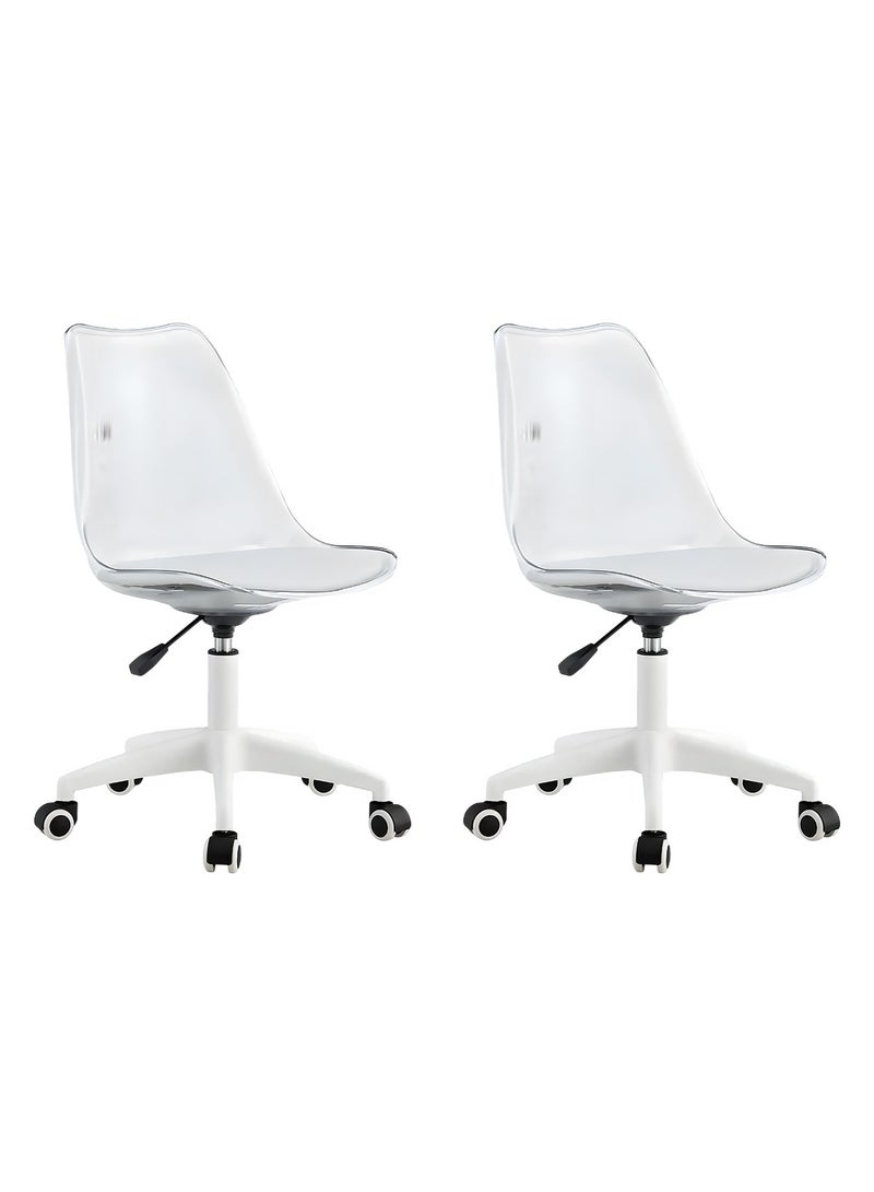 تايمي مجموعة من 2 كرسي مكتب منزلي حديث من الأكريليك، كرسي كمبيوتر دوار 360 درجة بدون أذرع من البلاستيك مع عجلات ومقعد مبطن لغرفة المعيشة وغرفة النوم والمكتب والفندق وغرفة الطعام، ابيض/شفاف - Image 2