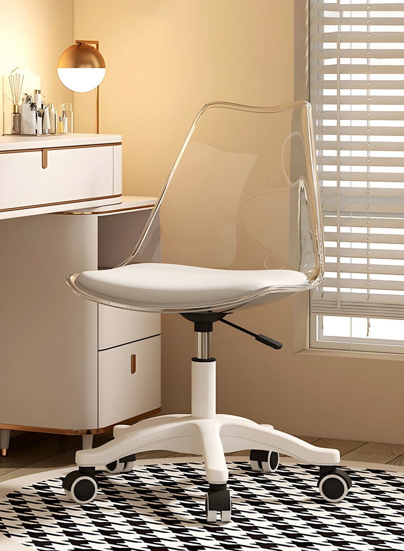 تايمي مجموعة من 2 كرسي مكتب منزلي حديث من الأكريليك، كرسي كمبيوتر دوار 360 درجة بدون أذرع من البلاستيك مع عجلات ومقعد مبطن لغرفة المعيشة وغرفة النوم والمكتب والفندق وغرفة الطعام، ابيض/شفاف - Image 3