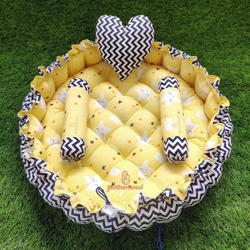 MOTHERHOOD MOTHERHOOD Round Baby Tub Bed and 3 pc Pillow Luxury Baby Mattress Bed Sleeper Bedding Set coSleeper Safe Cotton Fabric with RFilled UltraSoft Comfortable for Newborn Yellow - Image 1
