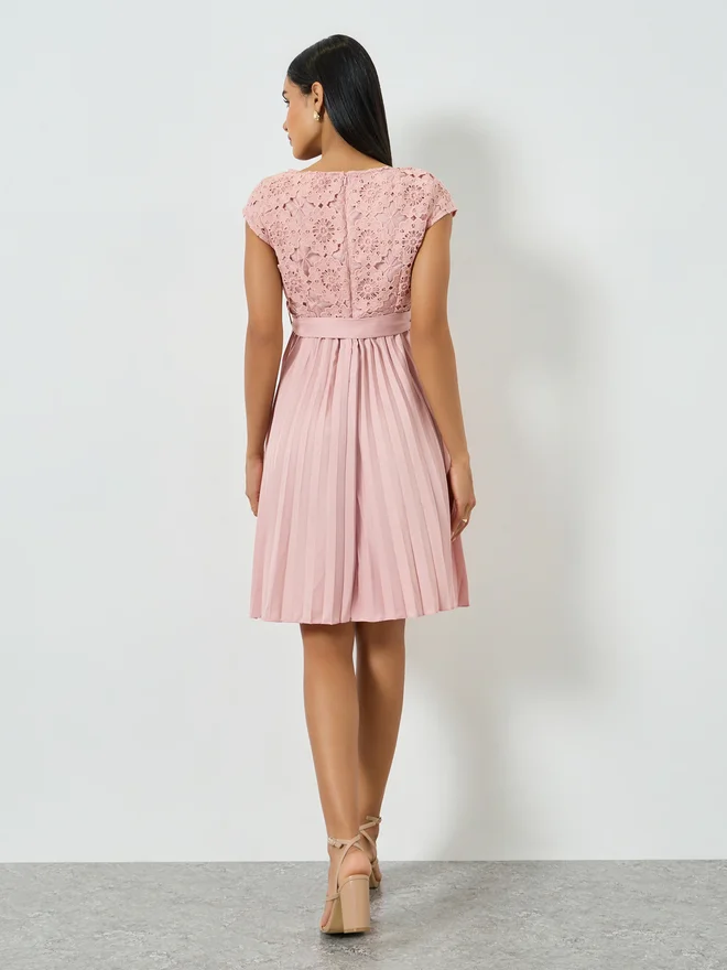 Styli pink Styli Pink Lace Pleated A-Line Knee-Length Dress for Women | Best Price UAE