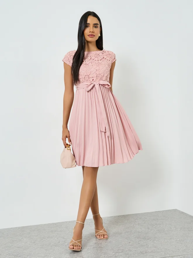 Styli pink Styli Pink Lace Pleated A-Line Knee-Length Dress for Women | Best Price UAE