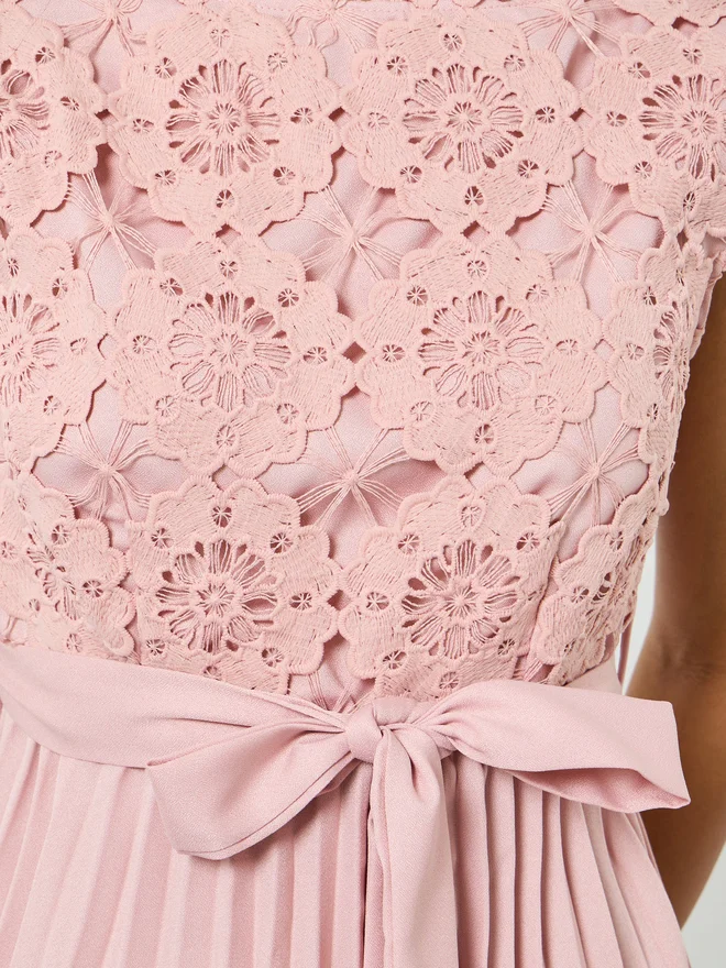 Styli pink Styli Pink Lace Pleated A-Line Knee-Length Dress for Women | Best Price UAE