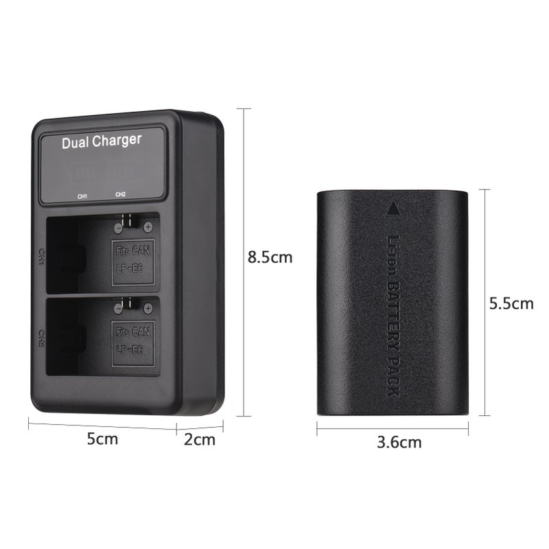 LP-E6/ E6N Battery & Charger Kit 2pcs 7.4V 2650mAh Battery + 1pc LED2-LPE6 Dual Channel Camera Battery Charger USB Port LCD Screen Display Replacement for Canon EOS 5D Mark II/III/IV 6D 7D 60D 70D 80D - Image 3