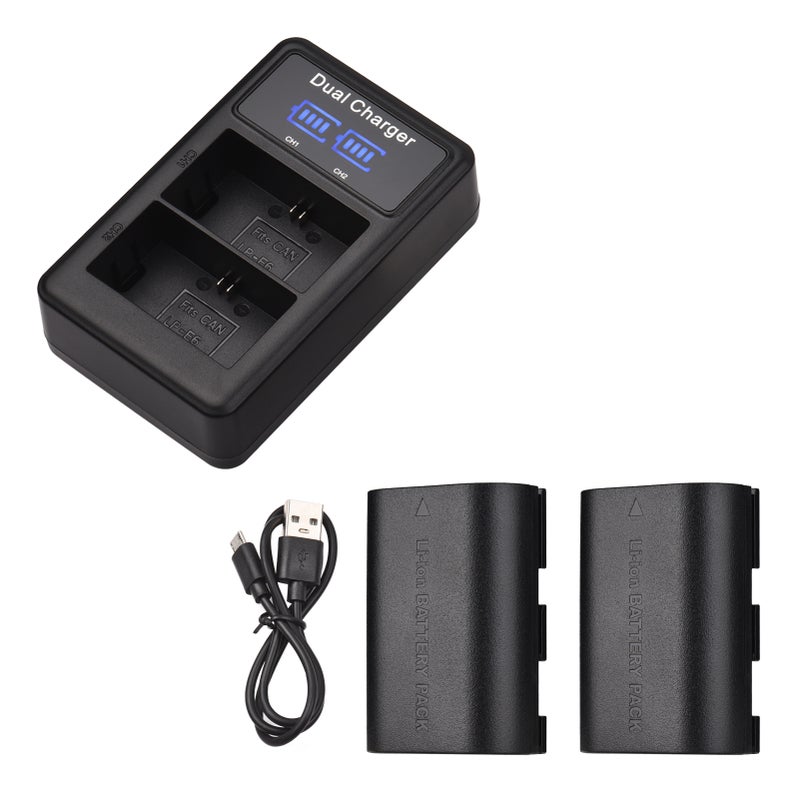 LP-E6/ E6N Battery & Charger Kit 2pcs 7.4V 2650mAh Battery + 1pc LED2-LPE6 Dual Channel Camera Battery Charger USB Port LCD Screen Display Replacement for Canon EOS 5D Mark II/III/IV 6D 7D 60D 70D 80D - Image 1