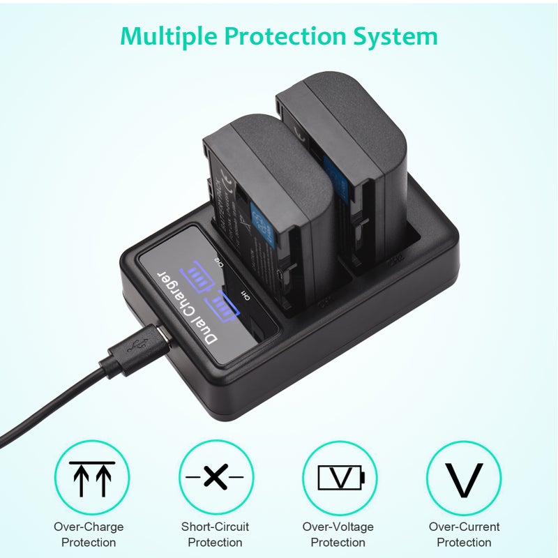 LP-E6/ E6N Battery & Charger Kit 2pcs 7.4V 2650mAh Battery + 1pc LED2-LPE6 Dual Channel Camera Battery Charger USB Port LCD Screen Display Replacement for Canon EOS 5D Mark II/III/IV 6D 7D 60D 70D 80D - Image 5