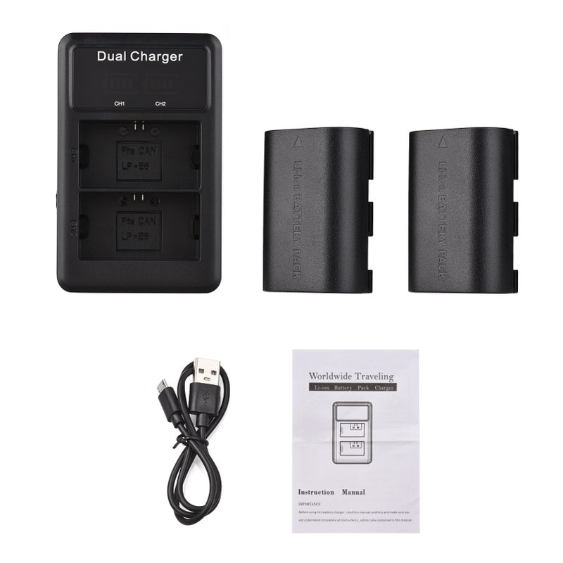 LP-E6/ E6N Battery & Charger Kit 2pcs 7.4V 2650mAh Battery + 1pc LED2-LPE6 Dual Channel Camera Battery Charger USB Port LCD Screen Display Replacement for Canon EOS 5D Mark II/III/IV 6D 7D 60D 70D 80D - Image 2