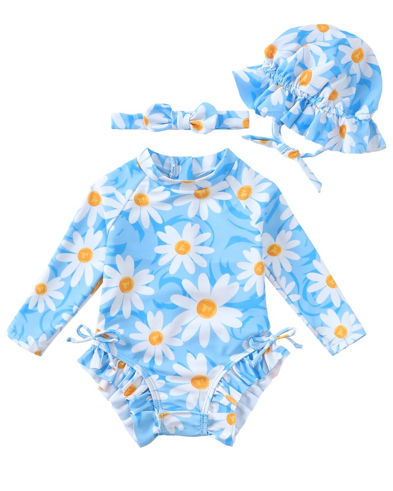 Renotemy Little Girl Swimsuit 2T 3T Drawstring Bow Back Zipper Bathing Suit Gifts Toddler Girls 3T Blue Ruffle Summer Beach Essentials Kids Long Sleeve One-Piece Rash Guard Swimwear with Hat - Image 3