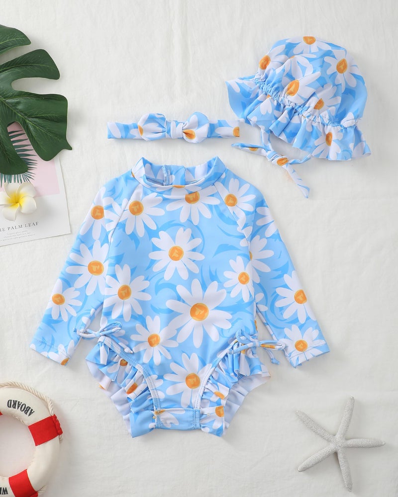 Renotemy Little Girl Swimsuit 2T 3T Drawstring Bow Back Zipper Bathing Suit Gifts Toddler Girls 3T Blue Ruffle Summer Beach Essentials Kids Long Sleeve One-Piece Rash Guard Swimwear with Hat - Image 2