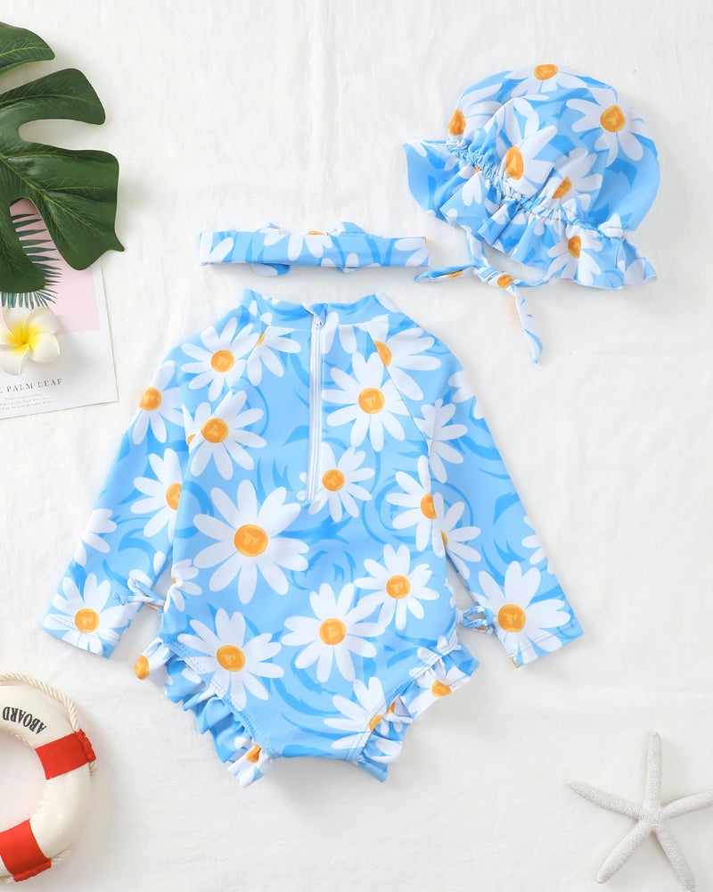 Renotemy Little Girl Swimsuit 2T 3T Drawstring Bow Back Zipper Bathing Suit Gifts Toddler Girls 3T Blue Ruffle Summer Beach Essentials Kids Long Sleeve One-Piece Rash Guard Swimwear with Hat - Image 5