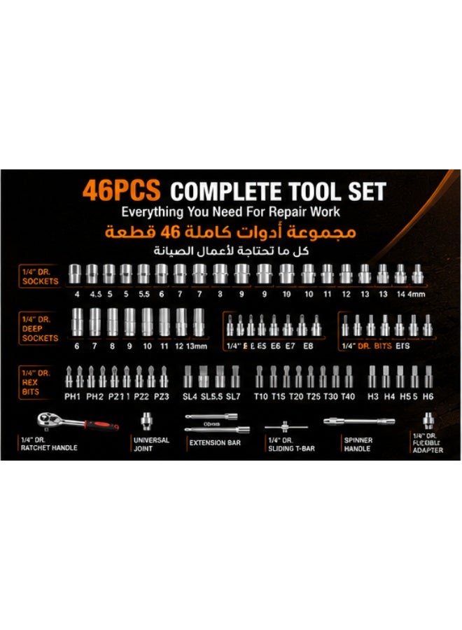 Inabyte 46PCS Socket Wrench Set Professional Car Repair Tool Kit, CR-V Ratchet Socket Set with Extension Bars & Screwdriver Bits, Heavy Duty Auto Repair Tools for Car Motorcycle Home Maintenance - Image 2