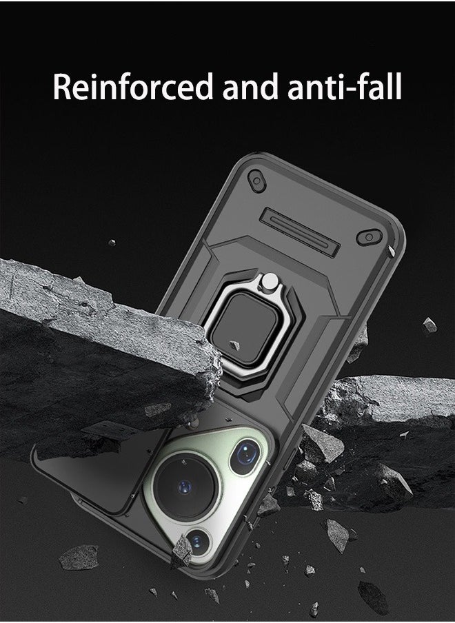 Huawei Pura 70 Ultra 5G Case, Shockproof Cases, Anti-Fall Drop Protection, Built-in Slide Anti-Scratch Camera Lens Cover, Integrated 360 Degree Rotating Ring Kickstand, Black