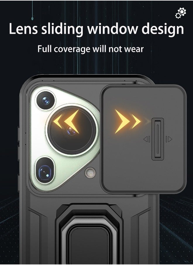 Huawei Pura 70 Ultra 5G Case, Shockproof Cases, Anti-Fall Drop Protection, Built-in Slide Anti-Scratch Camera Lens Cover, Integrated 360 Degree Rotating Ring Kickstand, Black