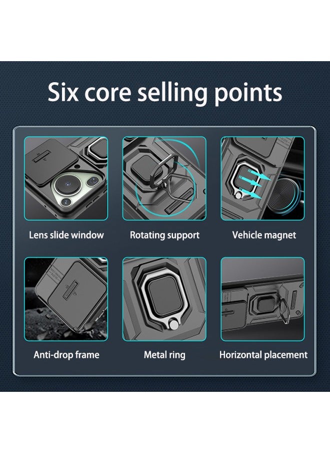 Huawei Pura 70 Ultra 5G Case, Shockproof Cases, Anti-Fall Drop Protection, Built-in Slide Anti-Scratch Camera Lens Cover, Integrated 360 Degree Rotating Ring Kickstand, Black