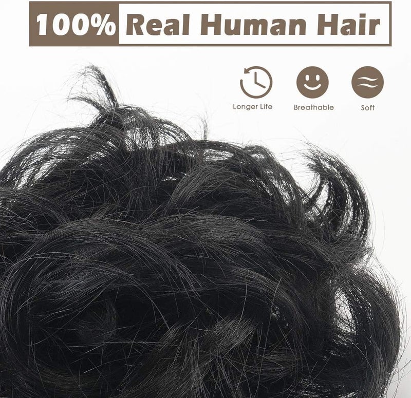 BARSDAR 100% Human Hair Scrunchies, Curly Messy Bun Hairpiece Extensions Wedding Hair Pieces for Women Kids Messy Bun Real Hair Updo Donut Chignons 1#-Natural Black - Image 3