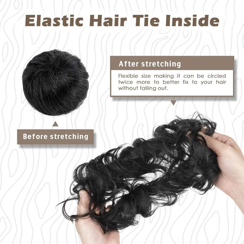 BARSDAR 100% Human Hair Scrunchies, Curly Messy Bun Hairpiece Extensions Wedding Hair Pieces for Women Kids Messy Bun Real Hair Updo Donut Chignons 1#-Natural Black - Image 4
